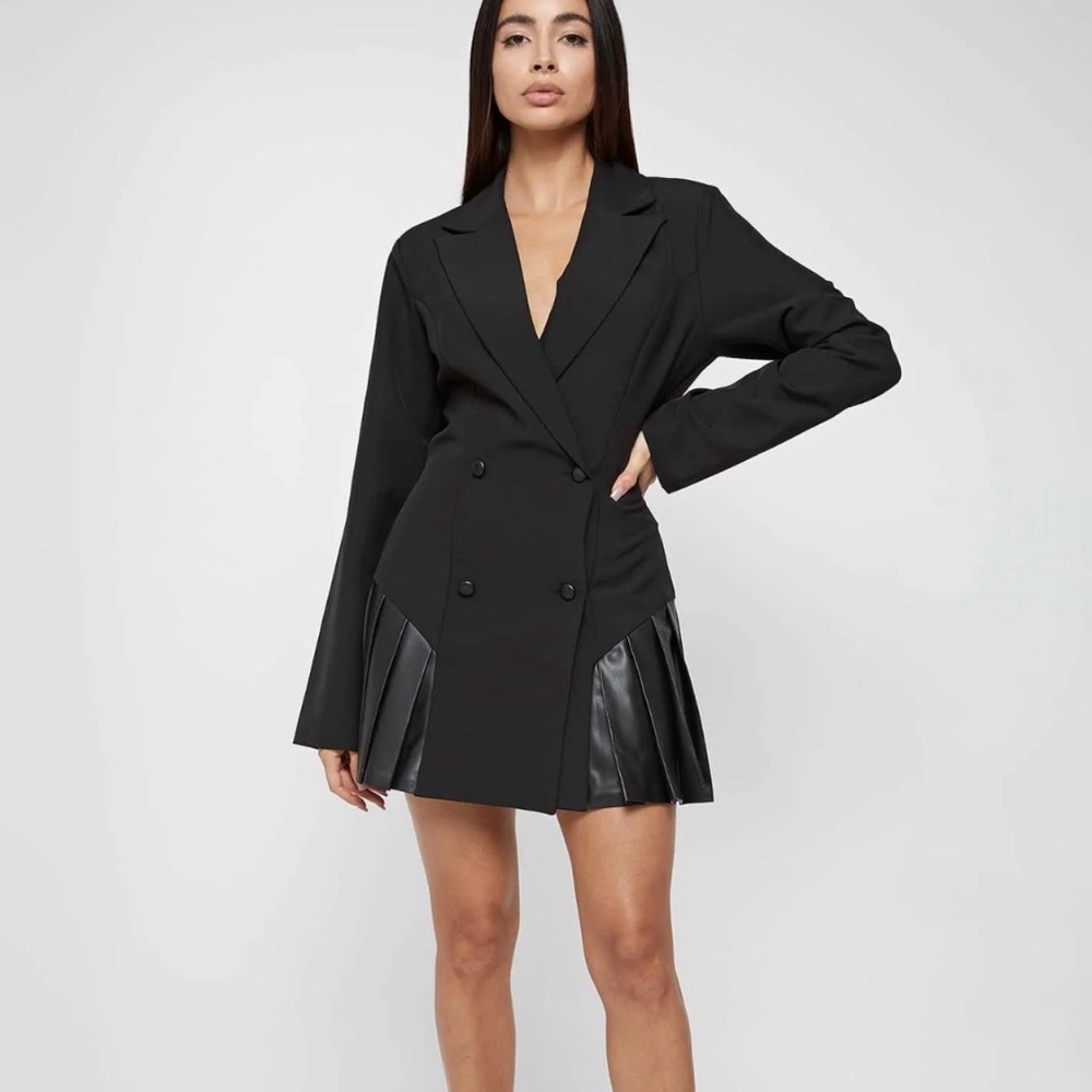 Black Blazer Dress with Pleated Hem